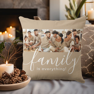 Family is Everything 3 Photo Collage Tan Throw Pillow
