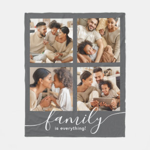 Family is Everything 4 Photo Collage Grey Fleece Blanket