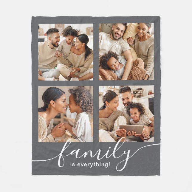 Family is Everything 4 Photo Collage Grey Fleece Blanket (Front)