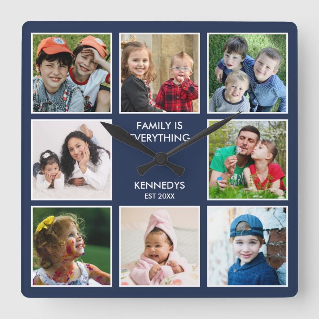 Family Is Everything 8 Photo Collage Name Blue Square Wall Clock (Front)