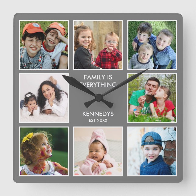 Family Is Everything 8 Photo Collage Name  Grey Square Wall Clock (Front)