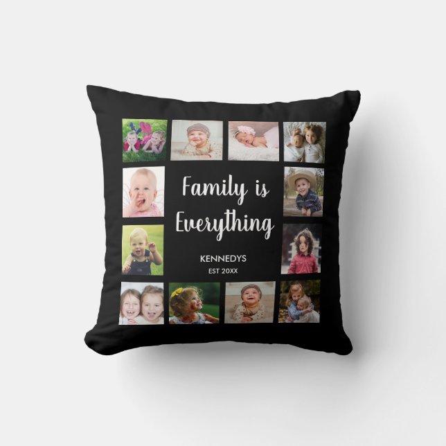 Family Is Everything Quote 12 Photo Collage Black Throw Pillow (Front)