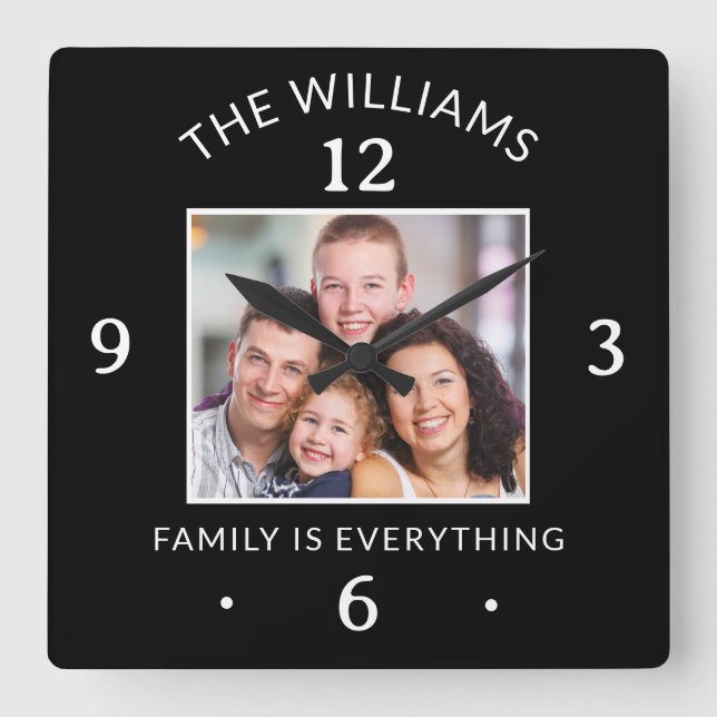 Family Is Everything Quote Custom Name One Photo Square Wall Clock (Front)