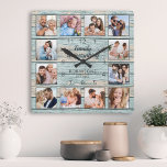 Family Is Everything Quote Photo Collage Blue Square Wall Clock<br><div class="desc">Easily create your own personalized blue rustic driftwood planks lake house style wall clock with your custom photos. The design also features a beautiful handwritten script quote: "Family is everything". For best results,  crop the images to square - with the focus point in the center - before uploading.</div>