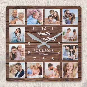 Family Is Everything Quote Photo Collage Rustic Square Wall Clock