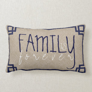 Family Is Forever Beige Linen & Blue Frame Lumbar Pillow