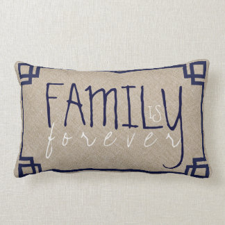 Family Is Forever Beige Linen & Blue Frame Lumbar Pillow