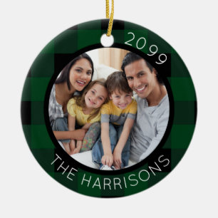 FAMILY IS LOVE (on back) 2-Photo Green/Black Plaid Ceramic Ornament