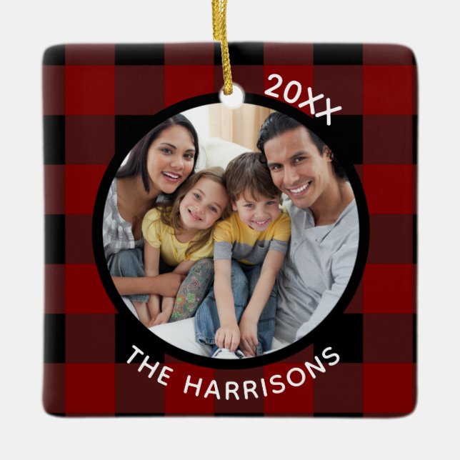 FAMILY IS LOVE (on back) 2-Photo Red & Black Plaid Ceramic Ornament (Front)