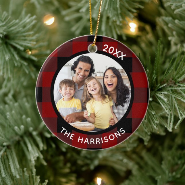 FAMILY IS LOVE (on back) Red & Black Plaid 2-Photo Ceramic Ornament (Tree)
