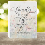 Family Is Where Life Begins and Love Never Ends  Wooden Box Sign<br><div class="desc">This beautiful white wooden box sign with wildflower silhouette is adorned with a heartfelt message that captures the essence of family. This sign is not only a perfect addition to your own family space,  but also makes a gift for memorable for loved ones. Design includes copyright material of Cricut.</div>