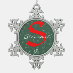 Family Keepsake Ornament, Name, Year, Red on Green Snowflake Pewter Christmas Ornament