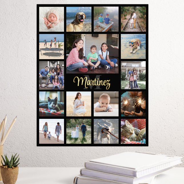 Family Keepsake Photo Collage Elegant Black & Real Foil Prints (In Situ (Desk 3))