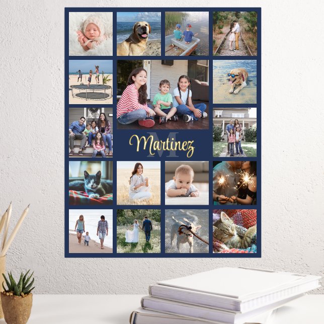 Family Keepsake Photo Collage Navy Blue and Real Foil Prints (In Situ (Desk 3))