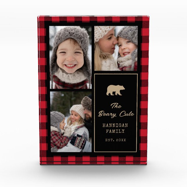 Family Keepsake Script Typography Buffalo Plaid Photo Block (Front)