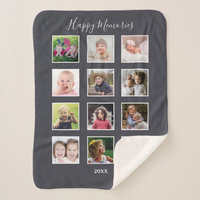 Family Kids Multi 12 Photo Collage Grey Sherpa Blanket (Front)