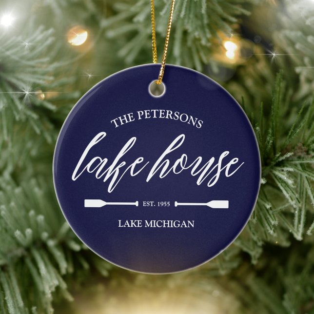Family Lake House Coastal Nautical Navy Blue Oar Ceramic Ornament (Lake House Custom Family Name Christmas Ornament Navy Blue Rustic Charm)