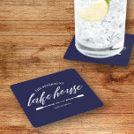 Family Lake House Coastal Nautical Navy Blue Oar Square Paper Coaster<br><div class="desc">Add a touch of coastal elegance to your gatherings with these custom paper coasters, designed to celebrate beach house memories and seaside gatherings in style. Featuring a classic navy blue background with rustic, vintage-inspired accents, each coaster is personalized with your family name, beach location, and “year established.” Perfect for beach...</div>