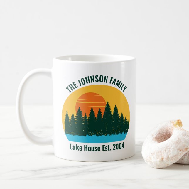 Family Lake House Cute Customized Sunset Coffee Mug (With Donut)