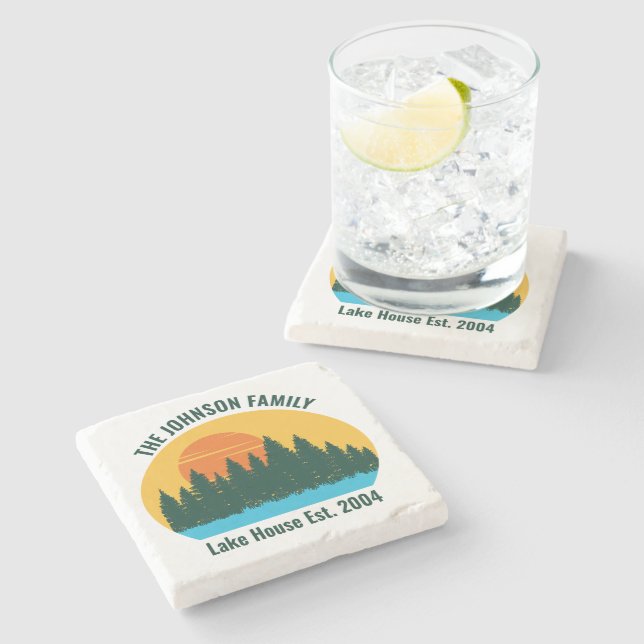 Family Lake House Cute Customized Sunset Stone Coaster (Side)