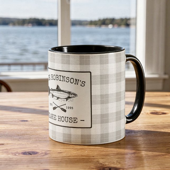 Family Lake House Fish Oars Rustic White Plaid Mug (Creator Uploaded)