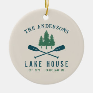 Family Lake House Modern Rustic Boat Oar Pine Tree Ceramic Ornament