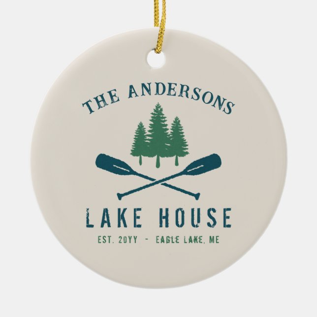 Family Lake House Modern Rustic Boat Oar Pine Tree Ceramic Ornament (Front)