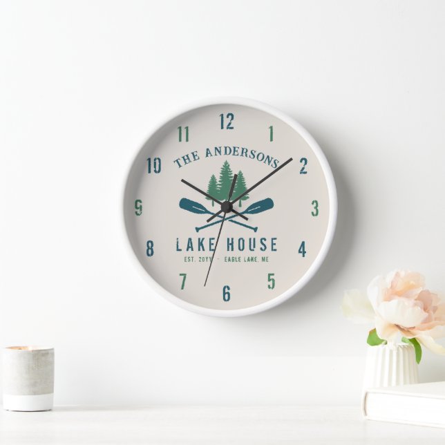 Family Lake House Modern Rustic Boat Oar Pine Tree Clock (Home)