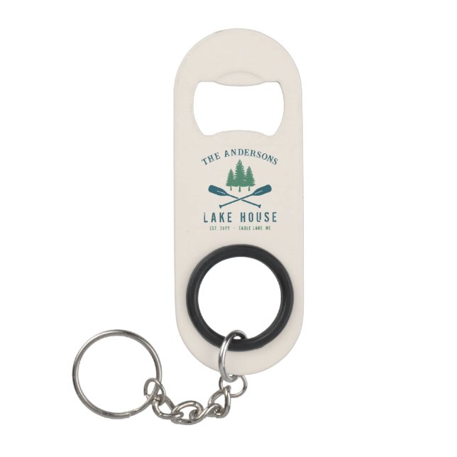 Family Lake House Modern Rustic Boat Oar Pine Tree Keychain Bottle Opener (Front)
