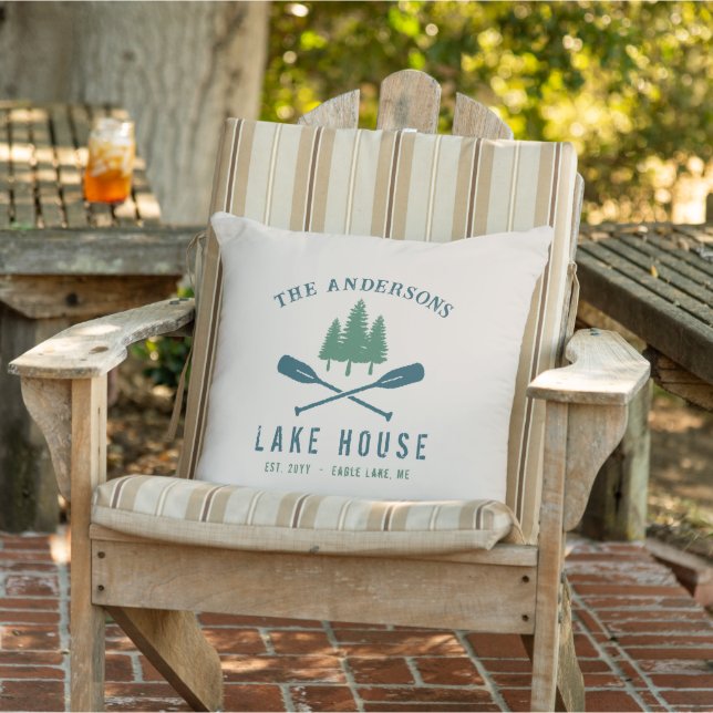 Family Lake House Modern Rustic Boat Oar Pine Tree Outdoor Pillow (Chair)