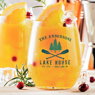 Family Lake House Modern Rustic Boat Oar Pine Tree Stemless Wine Glass
