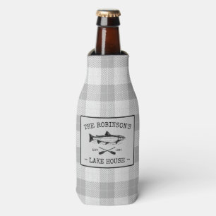 Family Lake House Oars Fish Rustic White Plaid Bottle Cooler