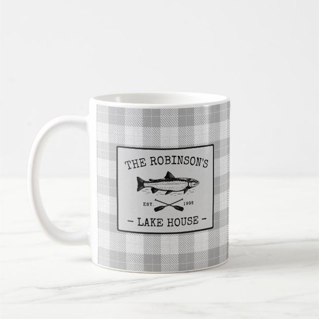 Family Lake House Oars Fish Rustic White Plaid Coffee Mug (Left)