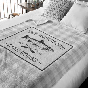 Family Lake House Oars Fish Rustic White Plaid Fleece Blanket