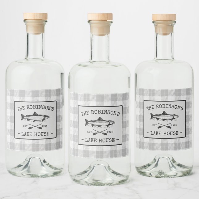 Family Lake House Oars Fish White Plaid Labels (Bottles)