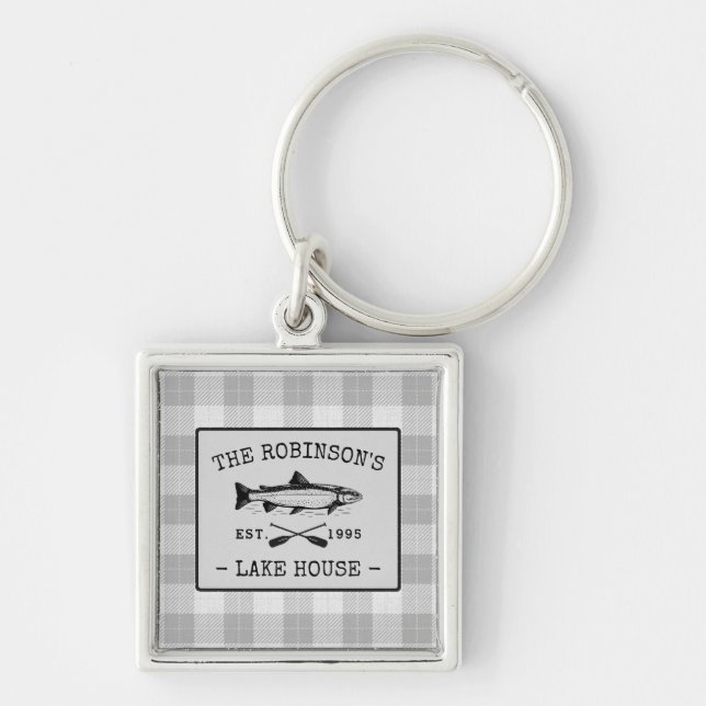 Family Lake House Oars Fish White Plaid Square Keychain (Front)