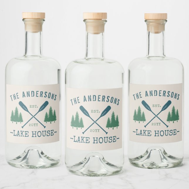 Family Lake House Rustic Oars Pine Trees Labels (Bottles)