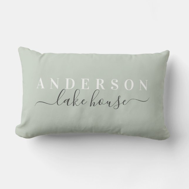 Family Lake House Sage Lumbar Pillow w/ Last Name (Front)