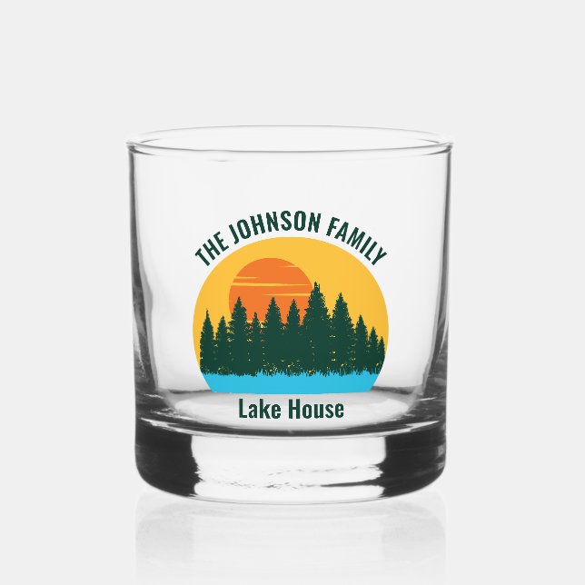 Family Lake House Sunset Personalized Whiskey Glass (Front)