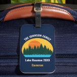 Family Lake Reunion Cute Customized Sunset Luggage Tag<br><div class="desc">Beautiful family reunion lake vacation blue luggage tag featuring the pretty blue waters under the forest of trees and cool orange sunset. Cute camping trip bag tags for your nature outing or wilderness group.</div>