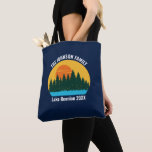 Family Lake Reunion Cute Customized Sunset Tote Bag<br><div class="desc">Beautiful family reunion lake vacation blue tote bag featuring the pretty blue waters under the forest of trees and cool orange sunset. Cute camping trip keepsake souvenir for your nature outing or wilderness group.</div>