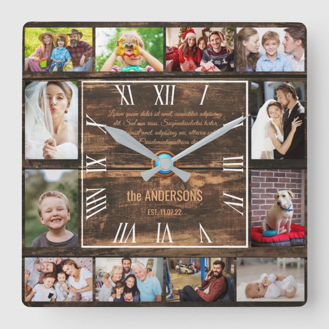 Family Legacy – Rustic Custom Photo Collage Square Wall Clock (Front)
