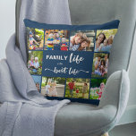 Family Life is the Best Life Blue Grey 10 Photo Throw Pillow<br><div class="desc">Personalized photo pillow with family quote and 10 of your favourite photos. The wording reads "family life is the best life" and you can edit the word "FAMILY" if you wish (for example Mom / Dad / Beach etc). The photo template is set up for you to add your pictures,...</div>