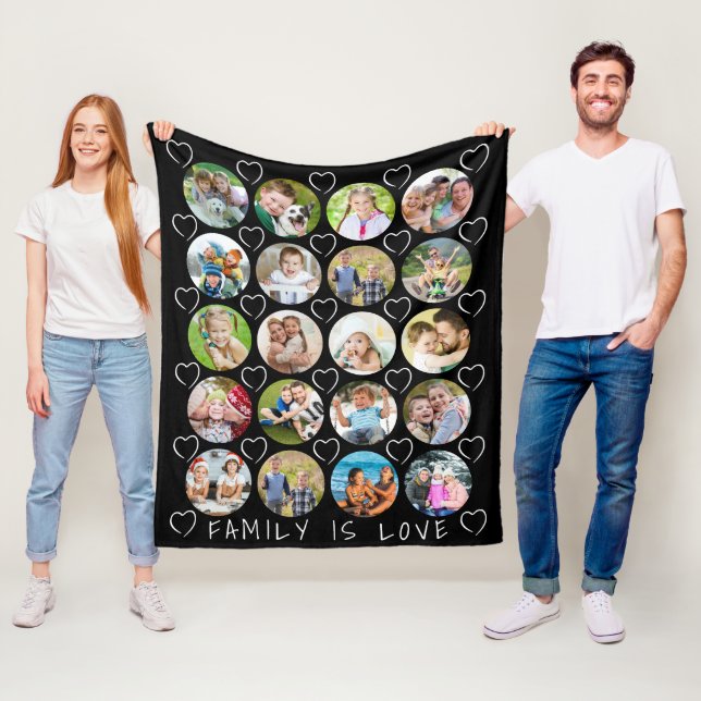 Family Love 20 Photo Collage Hearts Custom Colour Fleece Blanket (In Situ)
