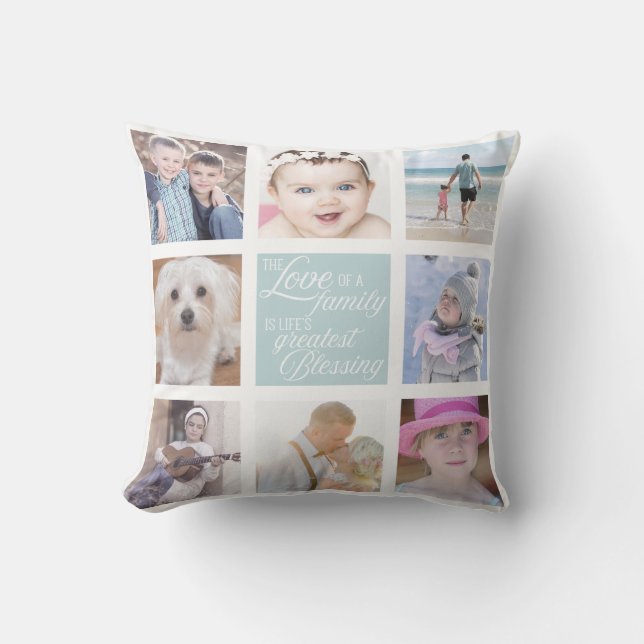 Family Love | 8 Square Photos Custom Colour Throw Pillow (Front)