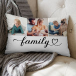 Family Love Black Script 3 Photo Custom Collage Lumbar Pillow<br><div class="desc">Modern and stylish custom lumbar throw pillow design features a photo collage of three (3) favourite square Instagram style photos with a simple and minimal black "Family" typography design that includes elegant flourish and heart details. The black and white colours can be modified.</div>