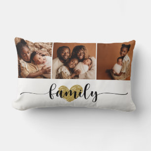 Family Love Black Script 3 Photos Custom Collage Lumbar Pillow