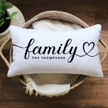 Family Love Black Script Custom Monogram Lumbar Pillow<br><div class="desc">Modern and stylish custom lumbar throw pillow design features simple and minimal "Family" typography that includes flourish and heart details. Personalize the uppercase text below with a monogram or year established. The black and white colours can be modified.</div>