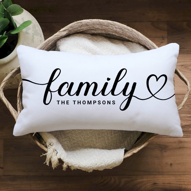 Family Love Black Script Custom Monogram Lumbar Pillow (Creator Uploaded)