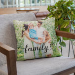 Family Love Black Script Custom Photo Throw Pillow<br><div class="desc">Modern and stylish custom throw pillow features a favourite photo(s) with a minimal "family" typography overlay design that includes elegant flourish and heart details. The black text colour can be modified. 2 photo front / back design allows you to include a photo on front and back or two different photos....</div>